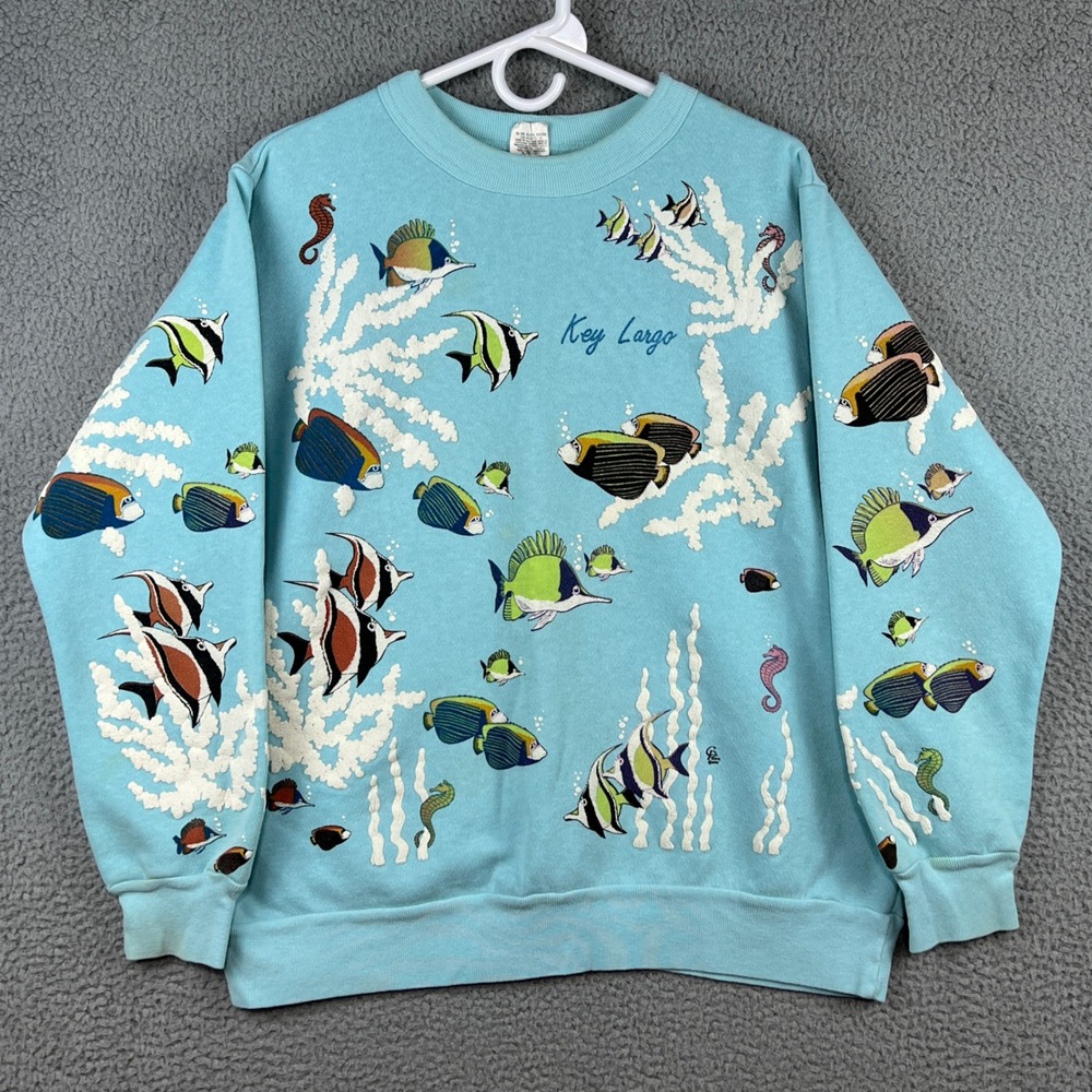 Vintage Cal Pacific Designs Key Largo Fish Puff Print Sweatshirt Blue Large USA